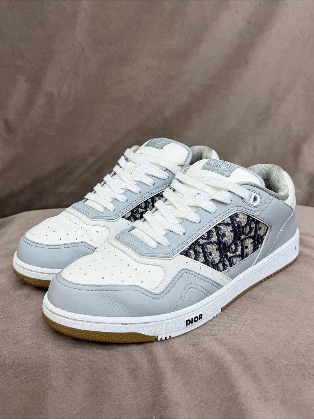 Dior Men's Low-Top Sneakers in White, Light Gray & Navy Oblique
